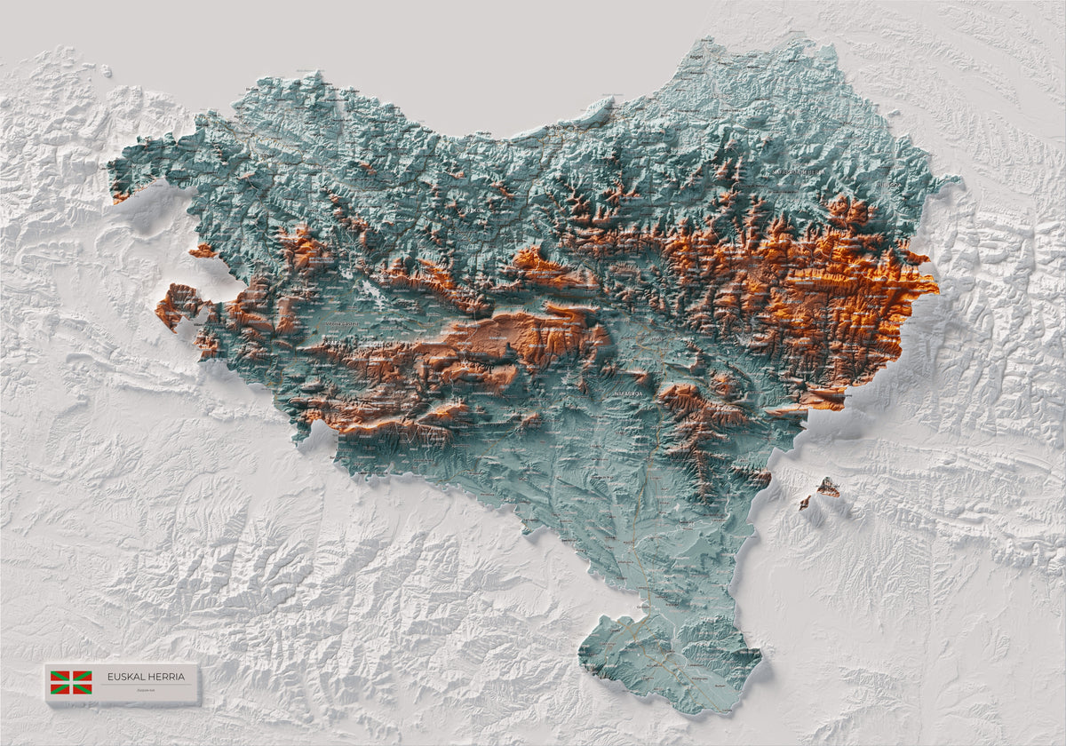Euskal Herria, Blau i taronja, 70 × 100 cm: mapa complet.