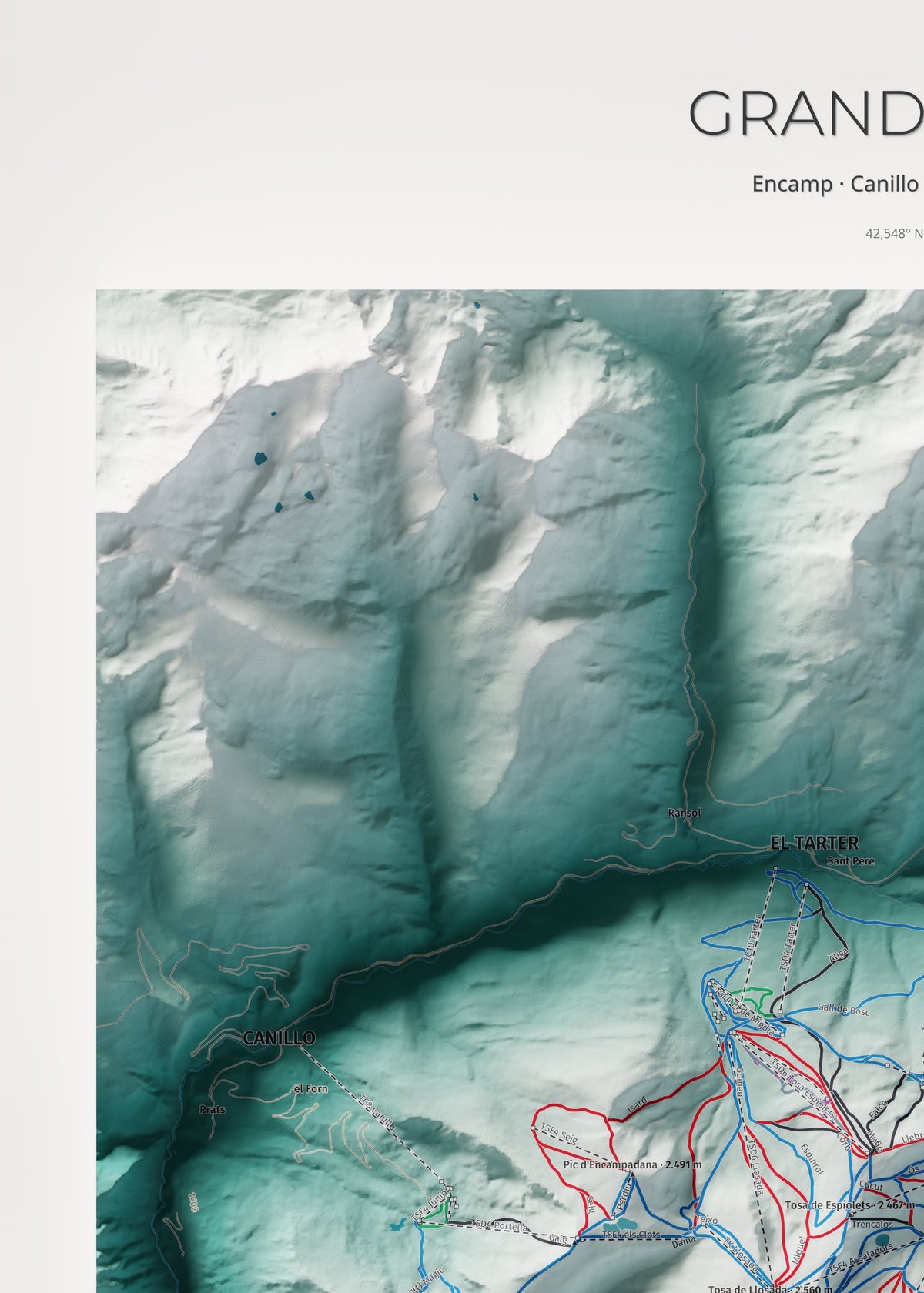 Mapa de pistas de Grandvalira · Alpina · 50 × 70 cm. Detalle del cuadrante superior izquierdo.