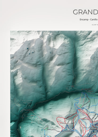 Mapa de pistas de Grandvalira · Alpina · 50 × 70 cm. Detalle del cuadrante superior izquierdo.