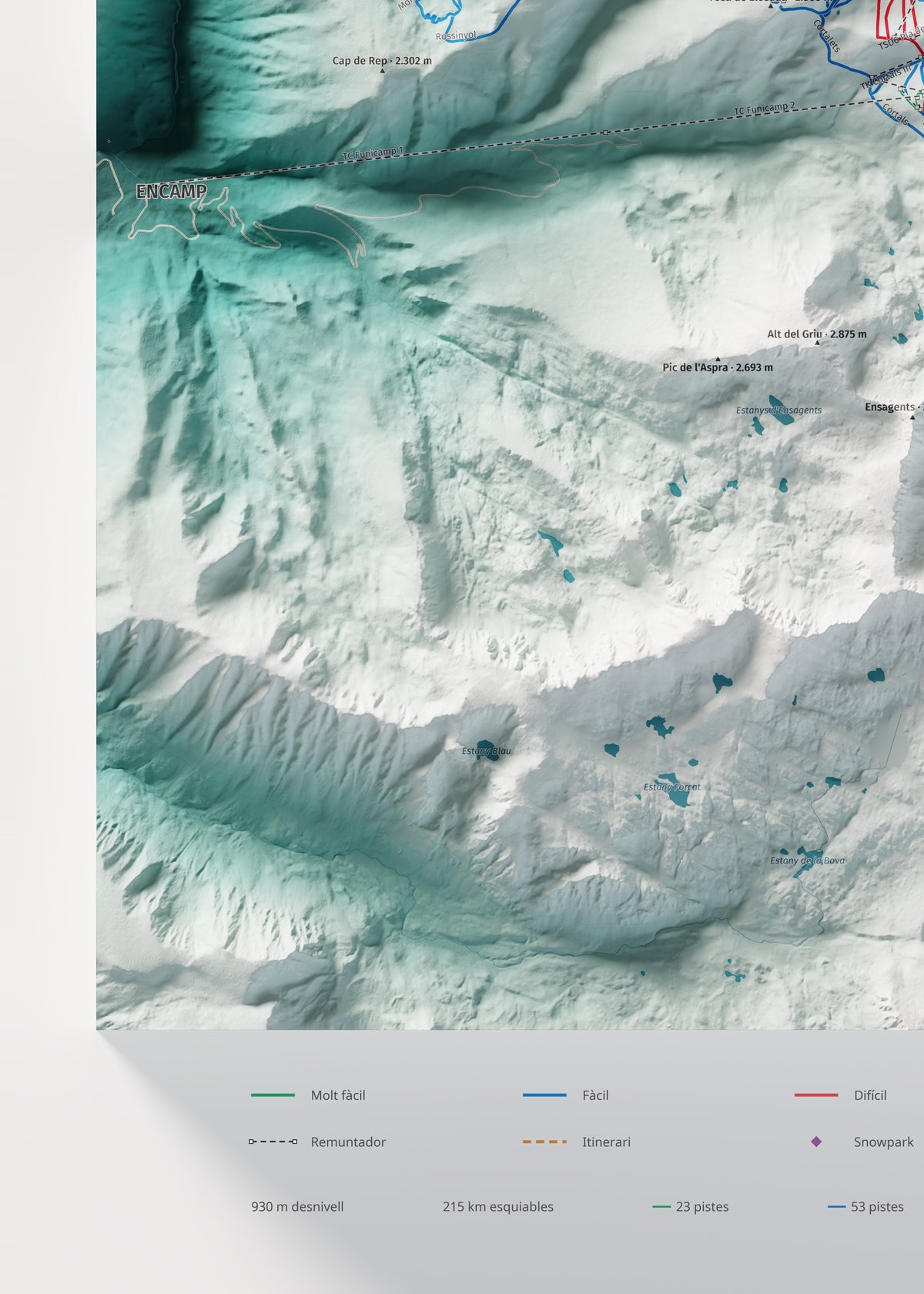 Mapa de pistas de Grandvalira · Alpina · 50 × 70 cm. Detalle del cuadrante inferior izquierdo.