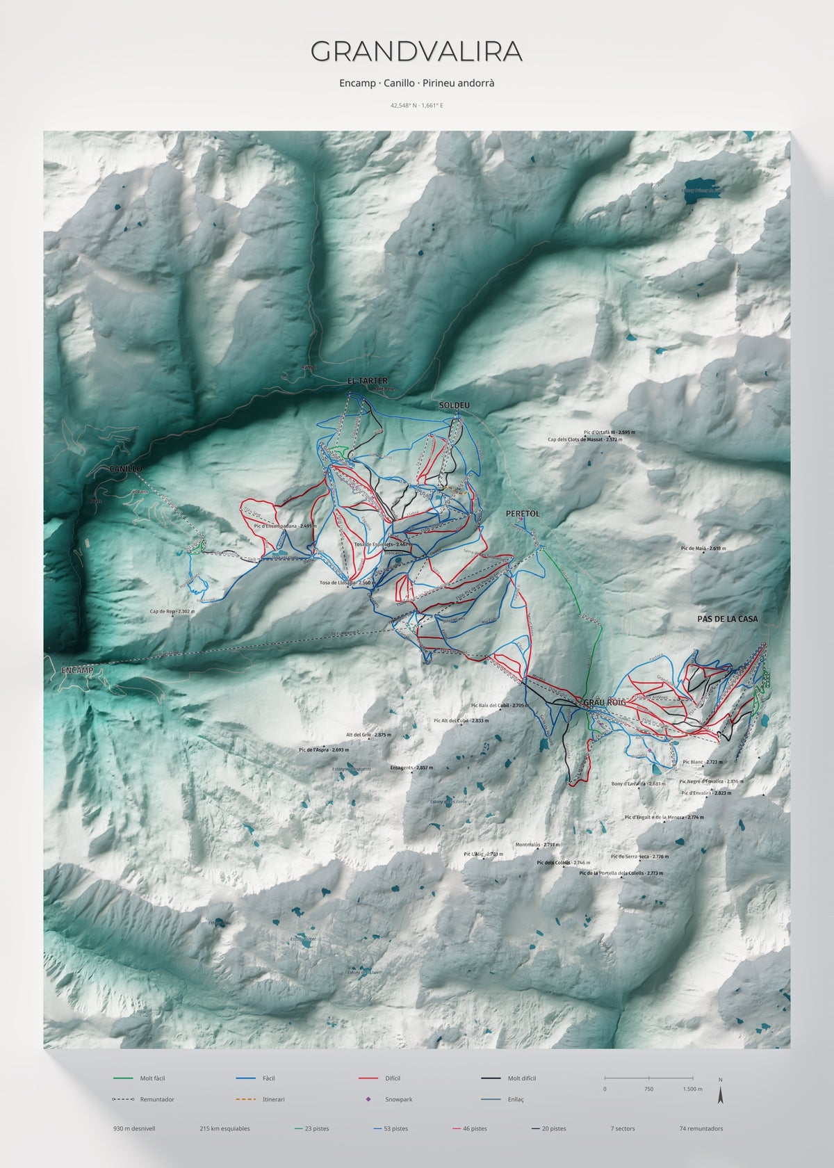 Mapa de pistas de Grandvalira · Alpina · 50 × 70 cm. Lámina completa.