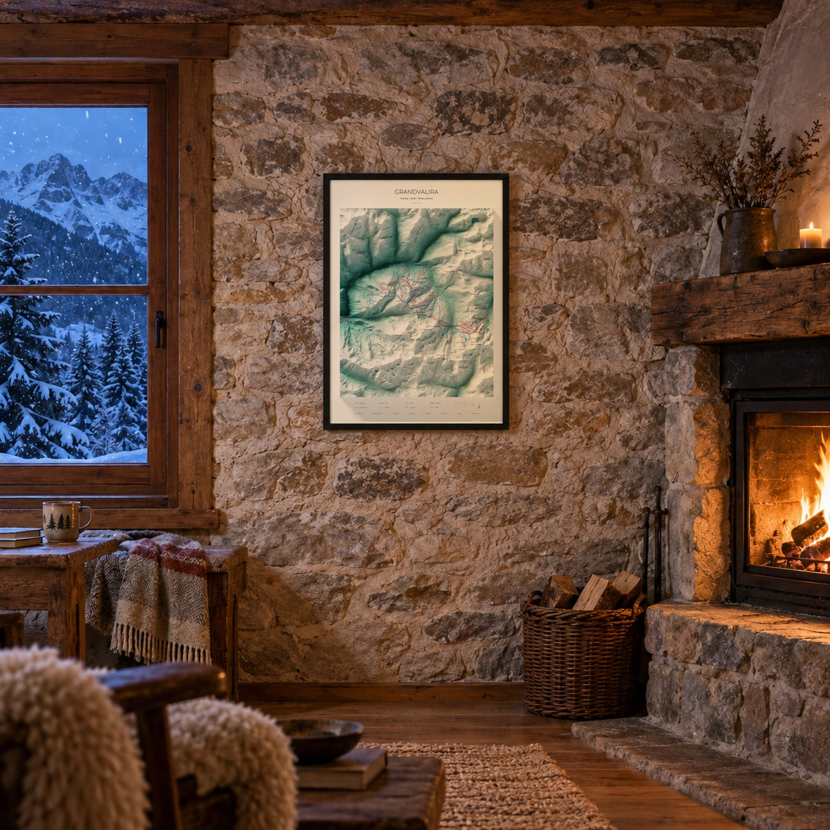 Mapa de pistas de Grandvalira · Alpina · 50 × 70 cm. Lámina enmarcada en la pared de piedra de un refugio con chimenea.