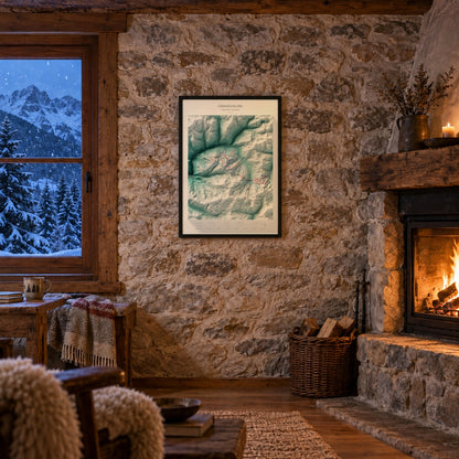 Mapa de pistas de Grandvalira · Alpina · 50 × 70 cm. Lámina enmarcada en la pared de piedra de un refugio con chimenea.