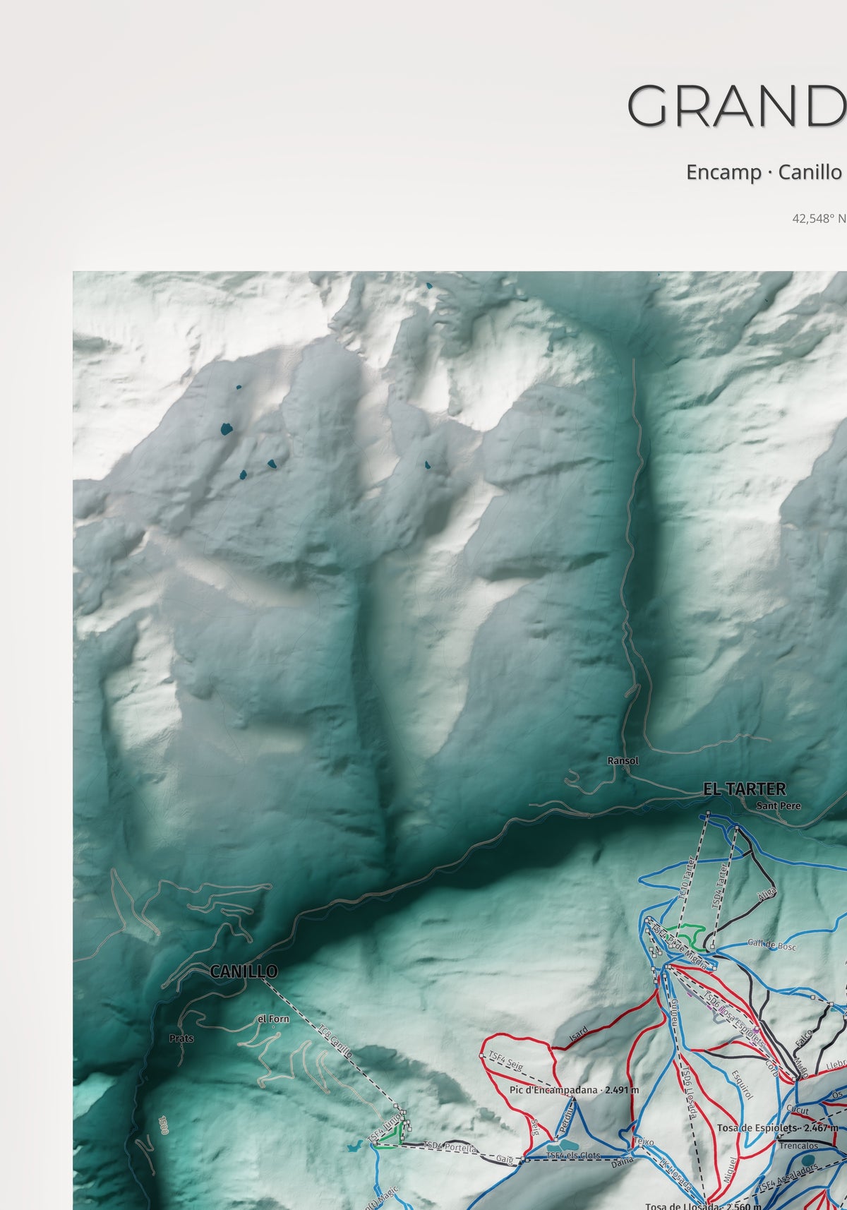 Mapa de pistas de Grandvalira · Alpina · 70 × 100 cm. Detalle del cuadrante superior izquierdo.
