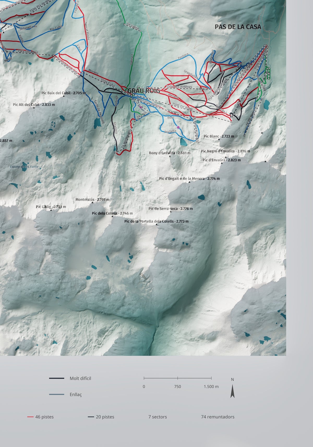Mapa de pistas de Grandvalira · Alpina · 70 × 100 cm. Detalle del cuadrante inferior derecho.