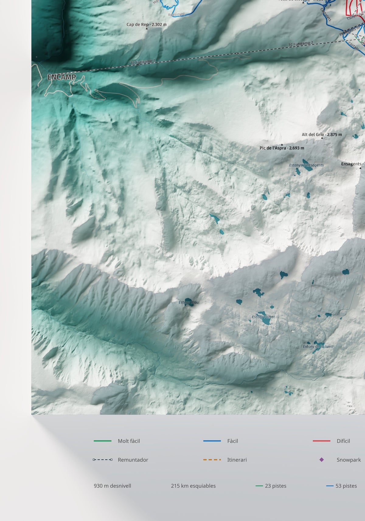 Mapa de pistas de Grandvalira · Alpina · 70 × 100 cm. Detalle del cuadrante inferior izquierdo.