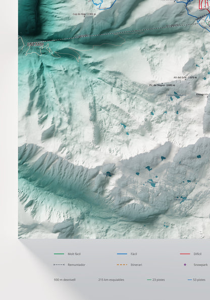 Mapa de pistas de Grandvalira · Alpina · 70 × 100 cm. Detalle del cuadrante inferior izquierdo.