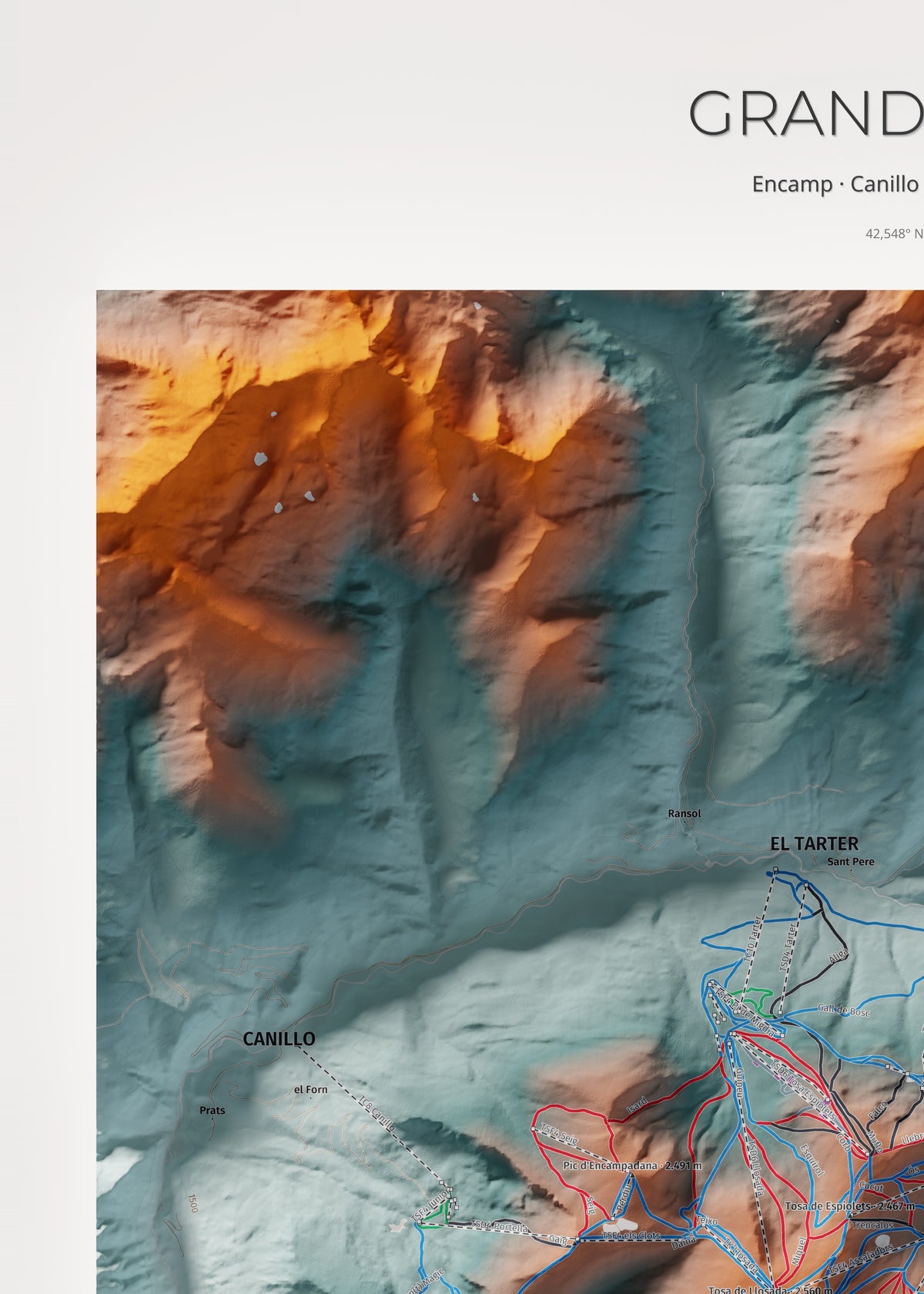 Mapa de pistas de Grandvalira · Contrastado · 50 × 70 cm. Detalle del cuadrante superior izquierdo.