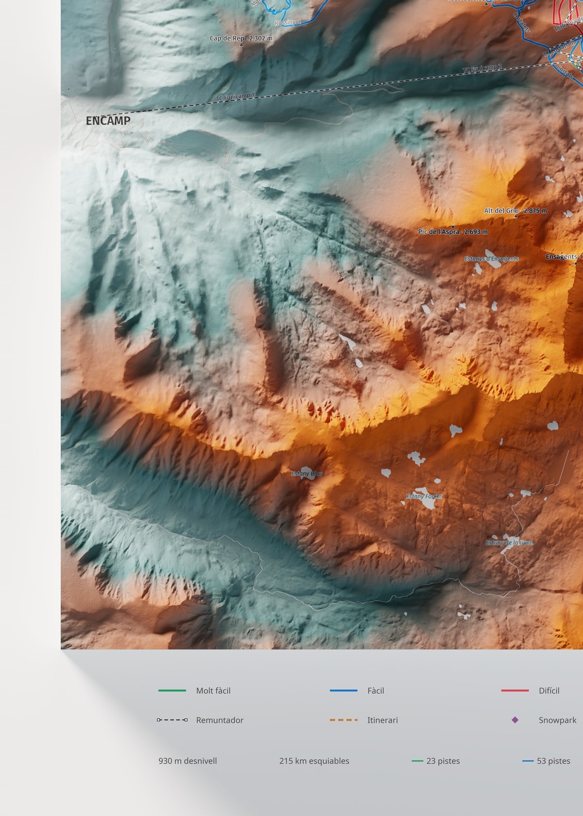 Mapa de pistas de Grandvalira · Contrastado · 50 × 70 cm. Detalle del cuadrante inferior izquierdo.