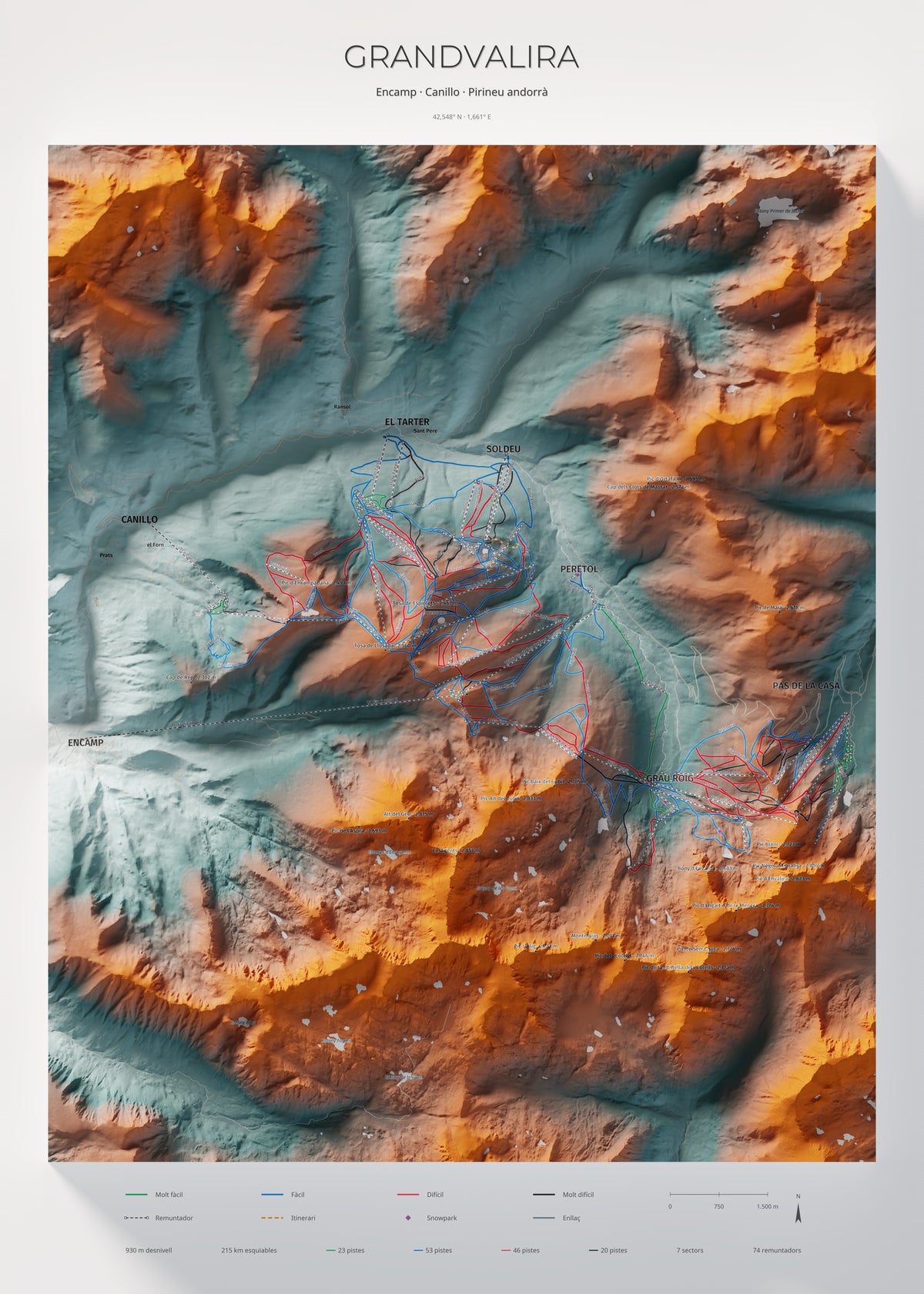 Mapa de pistas de Grandvalira · Contrastado · 50 × 70 cm. Lámina completa.