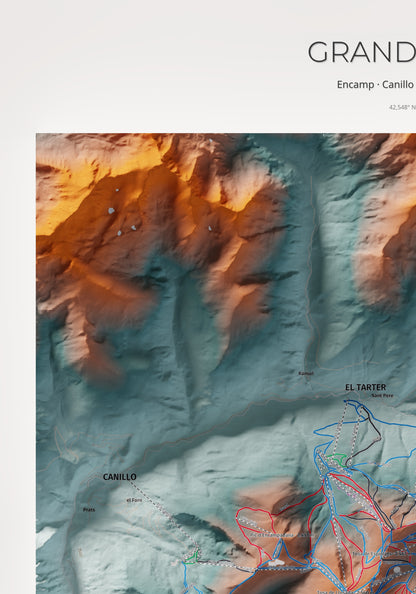 Mapa de pistas de Grandvalira · Contrastado · 70 × 100 cm. Detalle del cuadrante superior izquierdo.