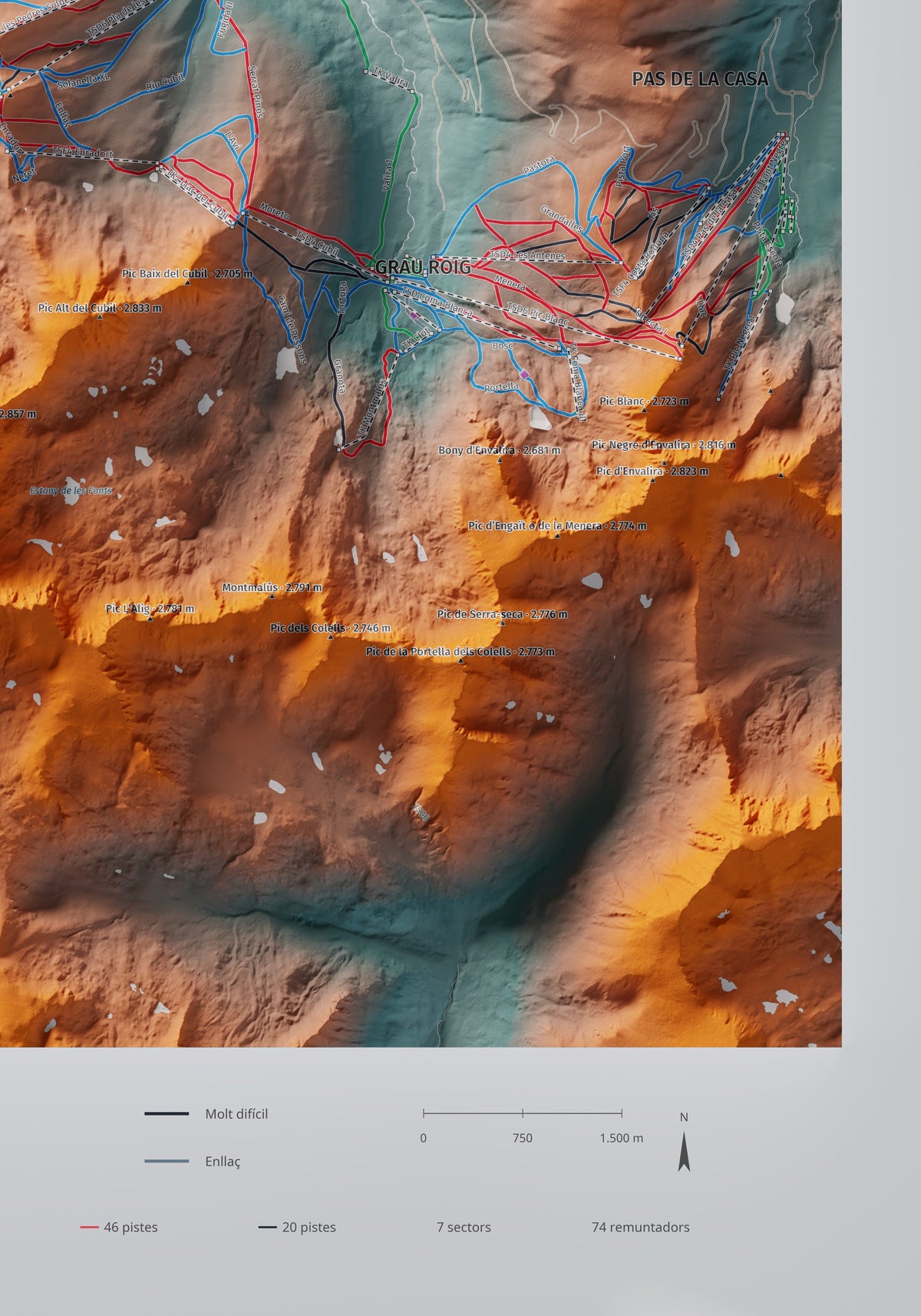 Mapa de pistas de Grandvalira · Contrastado · 70 × 100 cm. Detalle del cuadrante inferior derecho.