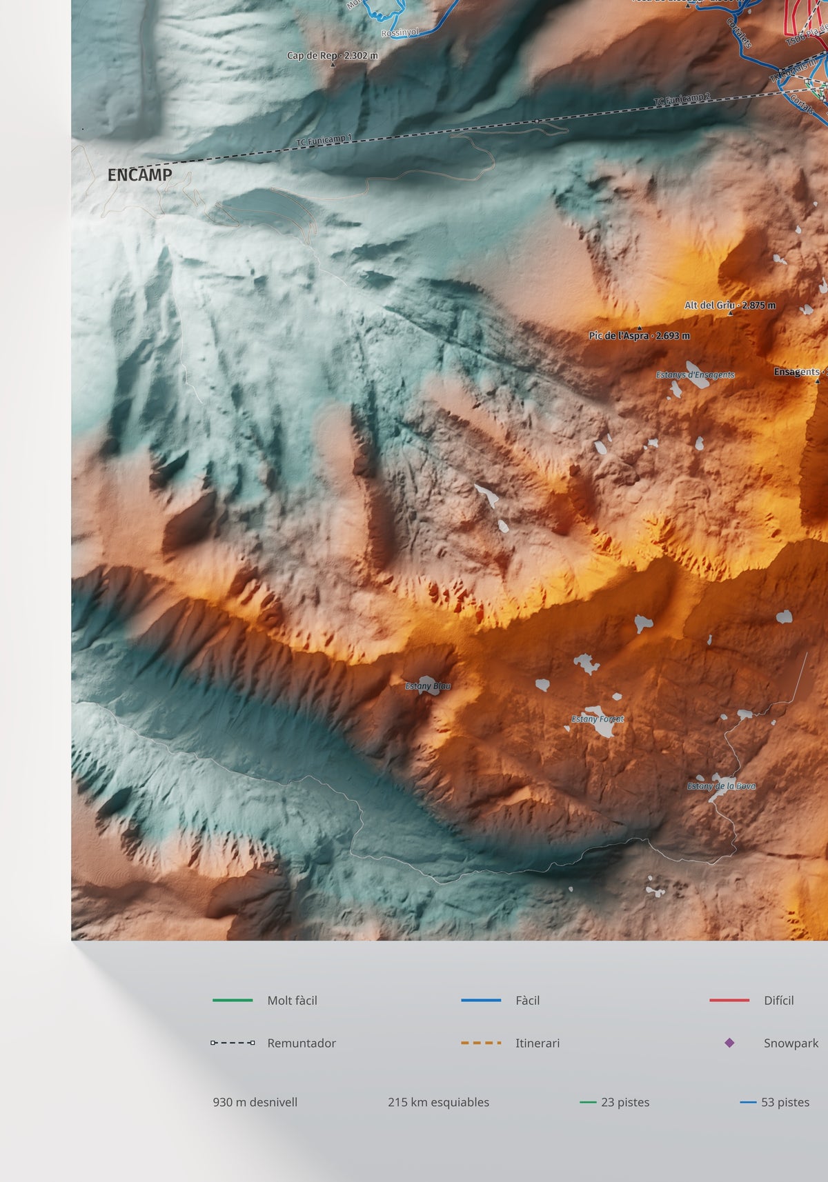 Mapa de pistas de Grandvalira · Contrastado · 70 × 100 cm. Detalle del cuadrante inferior izquierdo.