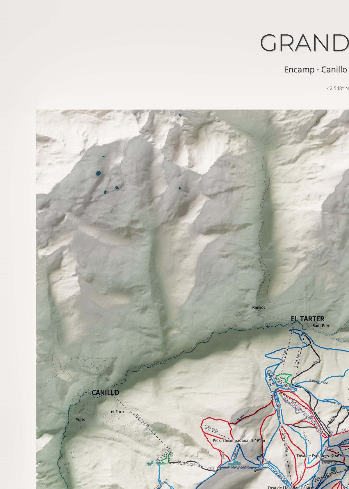 Mapa de pistas de Grandvalira · Cartográfico · 50 × 70 cm. Detalle del cuadrante superior izquierdo.