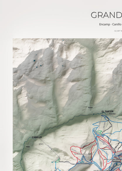 Mapa de pistas de Grandvalira · Cartográfico · 50 × 70 cm. Detalle del cuadrante superior izquierdo.