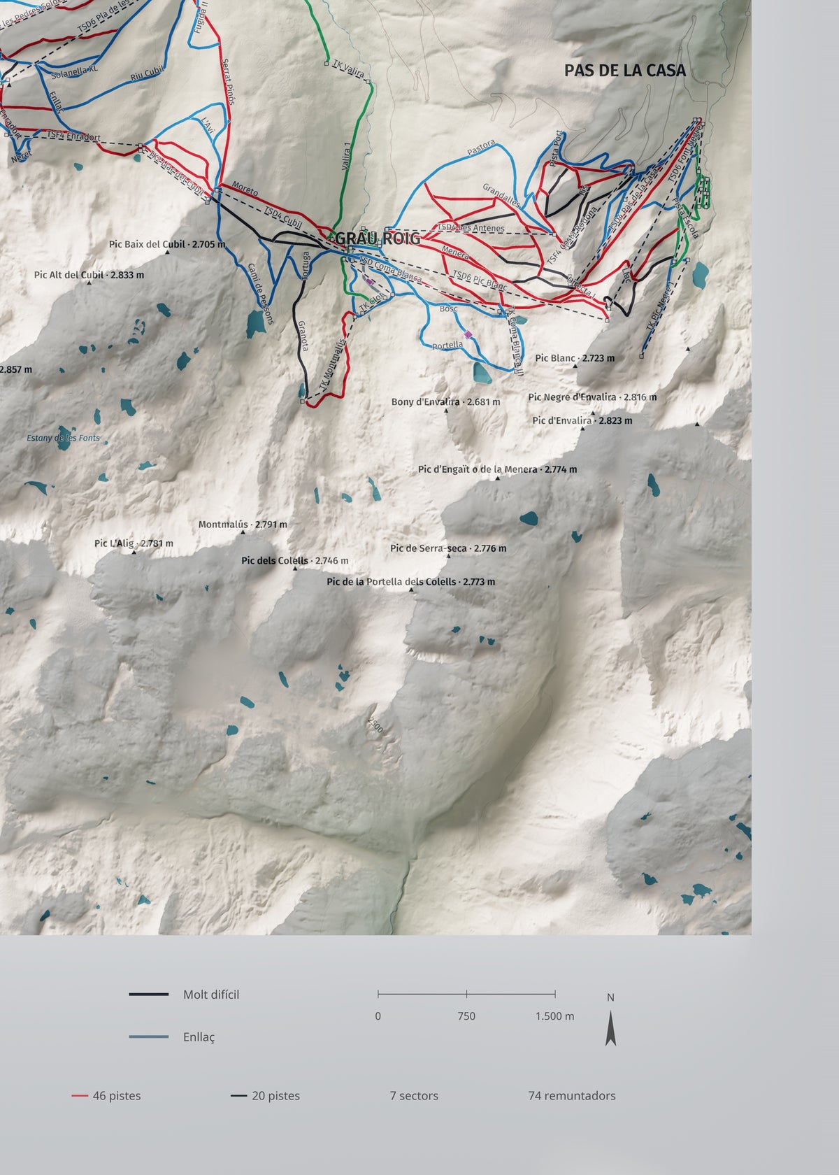 Mapa de pistas de Grandvalira · Cartográfico · 50 × 70 cm. Detalle del cuadrante inferior derecho.
