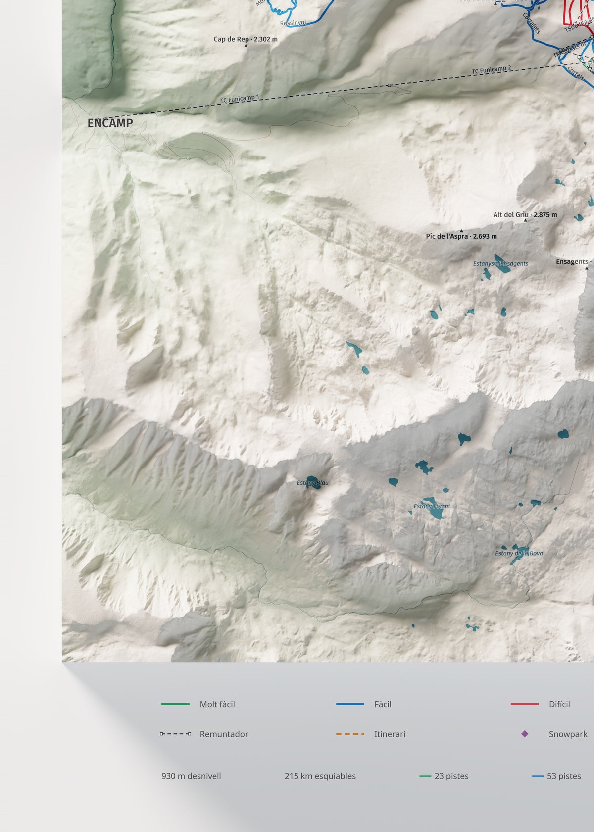Mapa de pistas de Grandvalira · Cartográfico · 50 × 70 cm. Detalle del cuadrante inferior izquierdo.