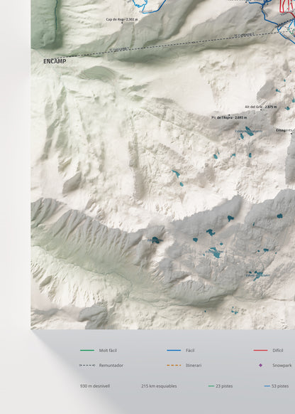 Mapa de pistas de Grandvalira · Cartográfico · 50 × 70 cm. Detalle del cuadrante inferior izquierdo.
