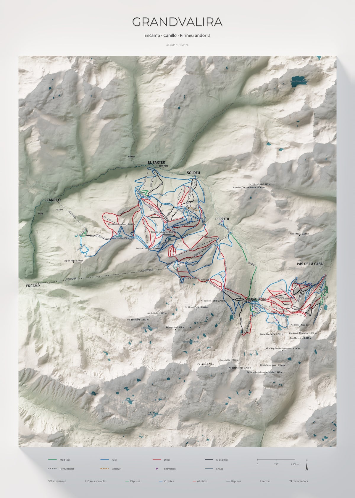 Mapa de pistas de Grandvalira · Cartográfico · 50 × 70 cm. Lámina completa.