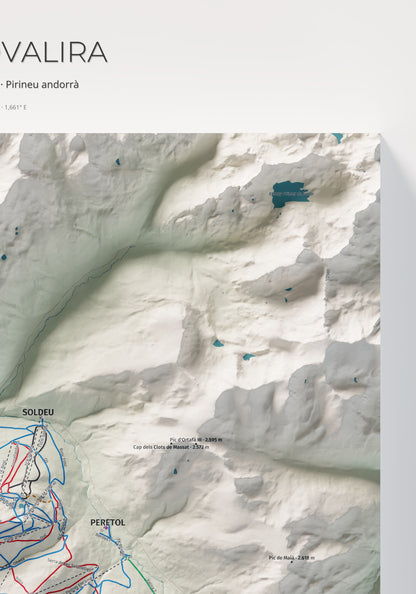 Mapa de pistas de Grandvalira · Cartográfico · 70 × 100 cm. Detalle del cuadrante superior derecho.