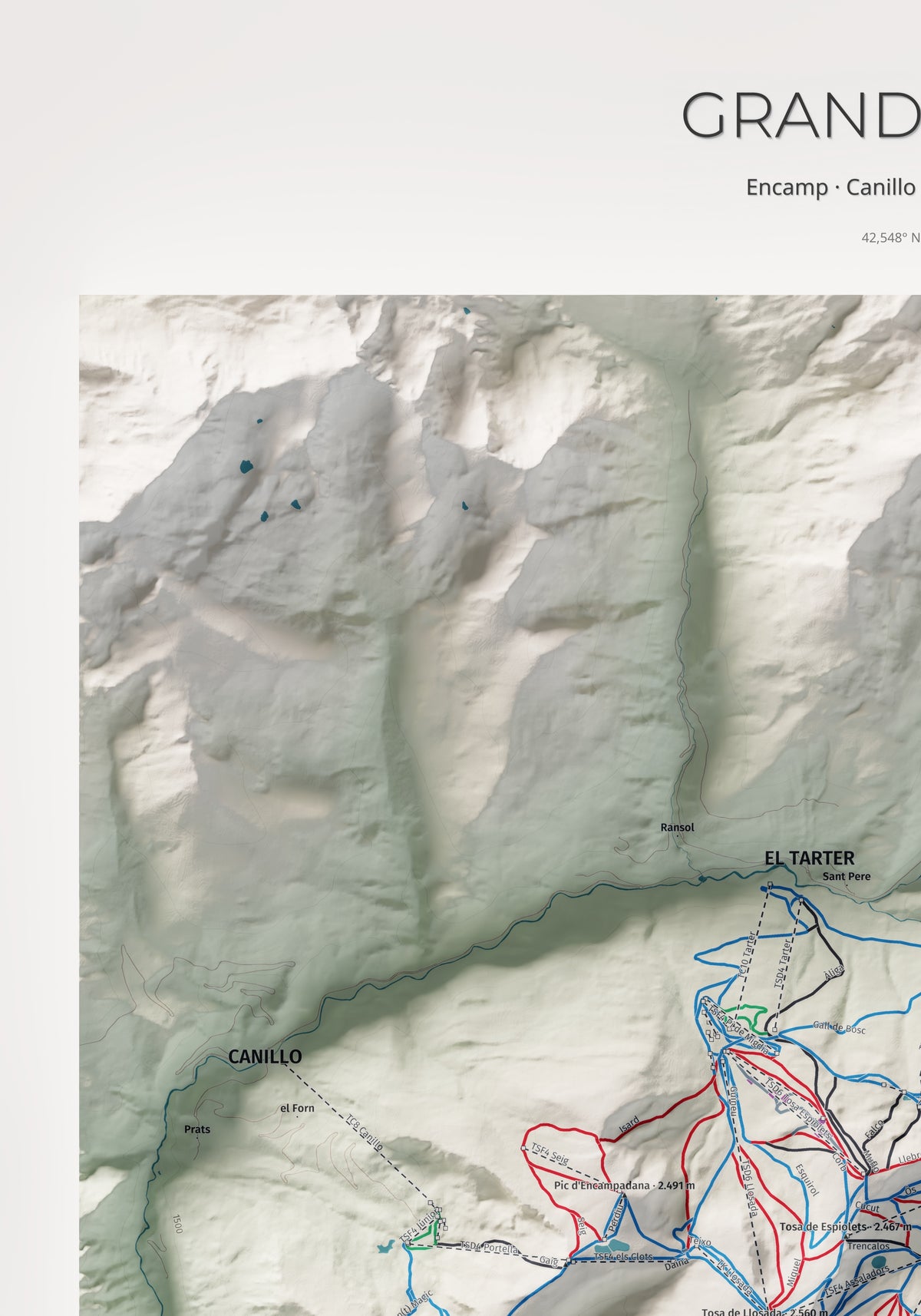 Mapa de pistas de Grandvalira · Cartográfico · 70 × 100 cm. Detalle del cuadrante superior izquierdo.
