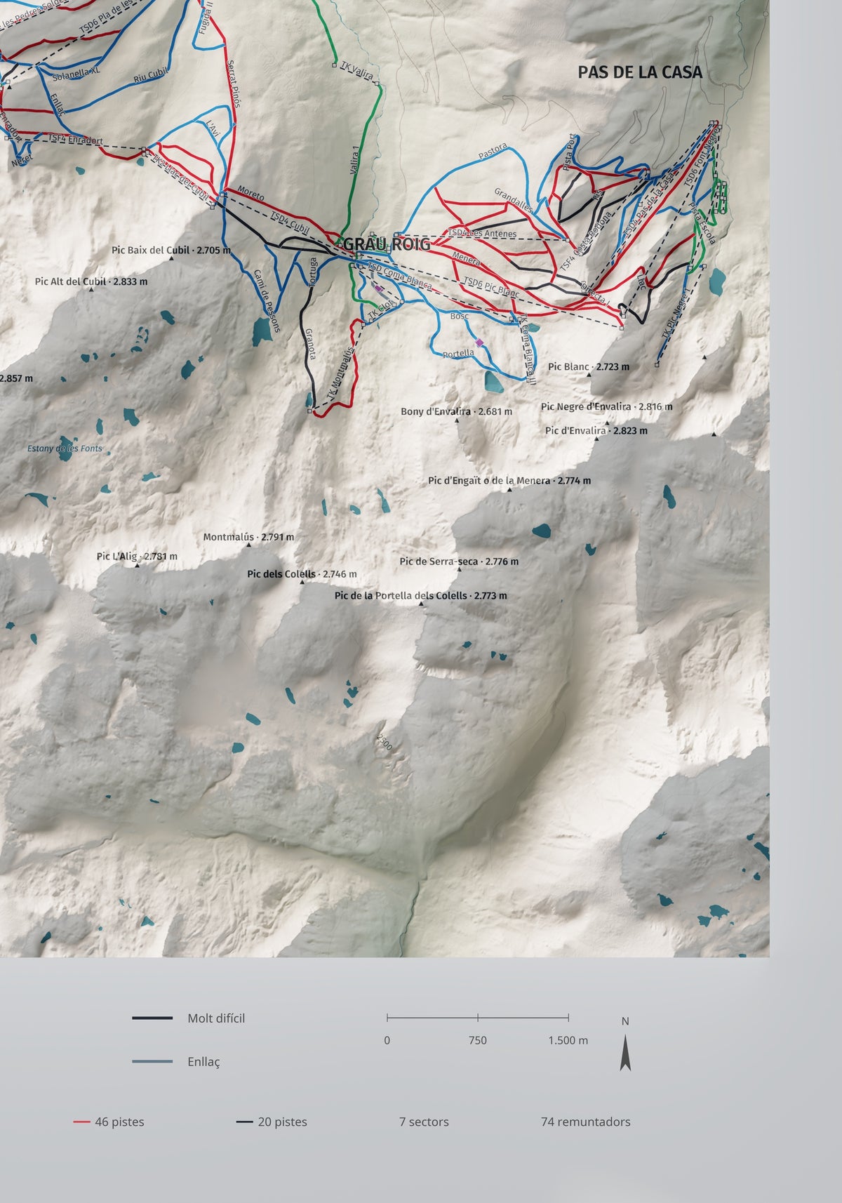 Mapa de pistas de Grandvalira · Cartográfico · 70 × 100 cm. Detalle del cuadrante inferior derecho.