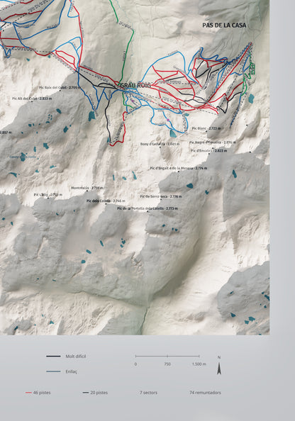 Mapa de pistas de Grandvalira · Cartográfico · 70 × 100 cm. Detalle del cuadrante inferior derecho.