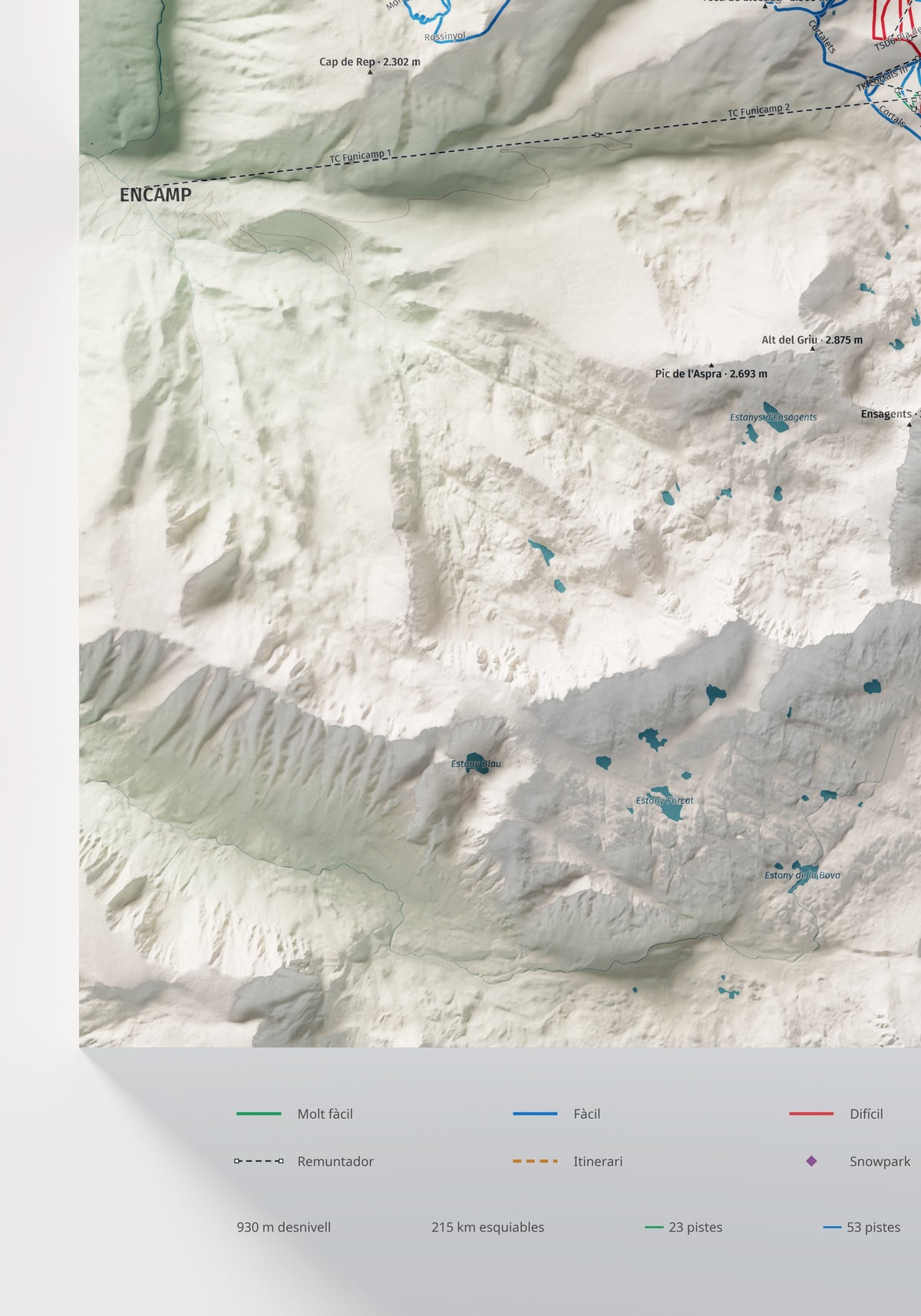 Mapa de pistas de Grandvalira · Cartográfico · 70 × 100 cm. Detalle del cuadrante inferior izquierdo.