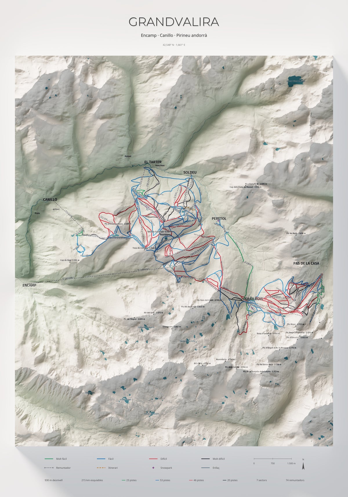 Mapa de pistas de Grandvalira · Cartográfico · 70 × 100 cm. Lámina completa.