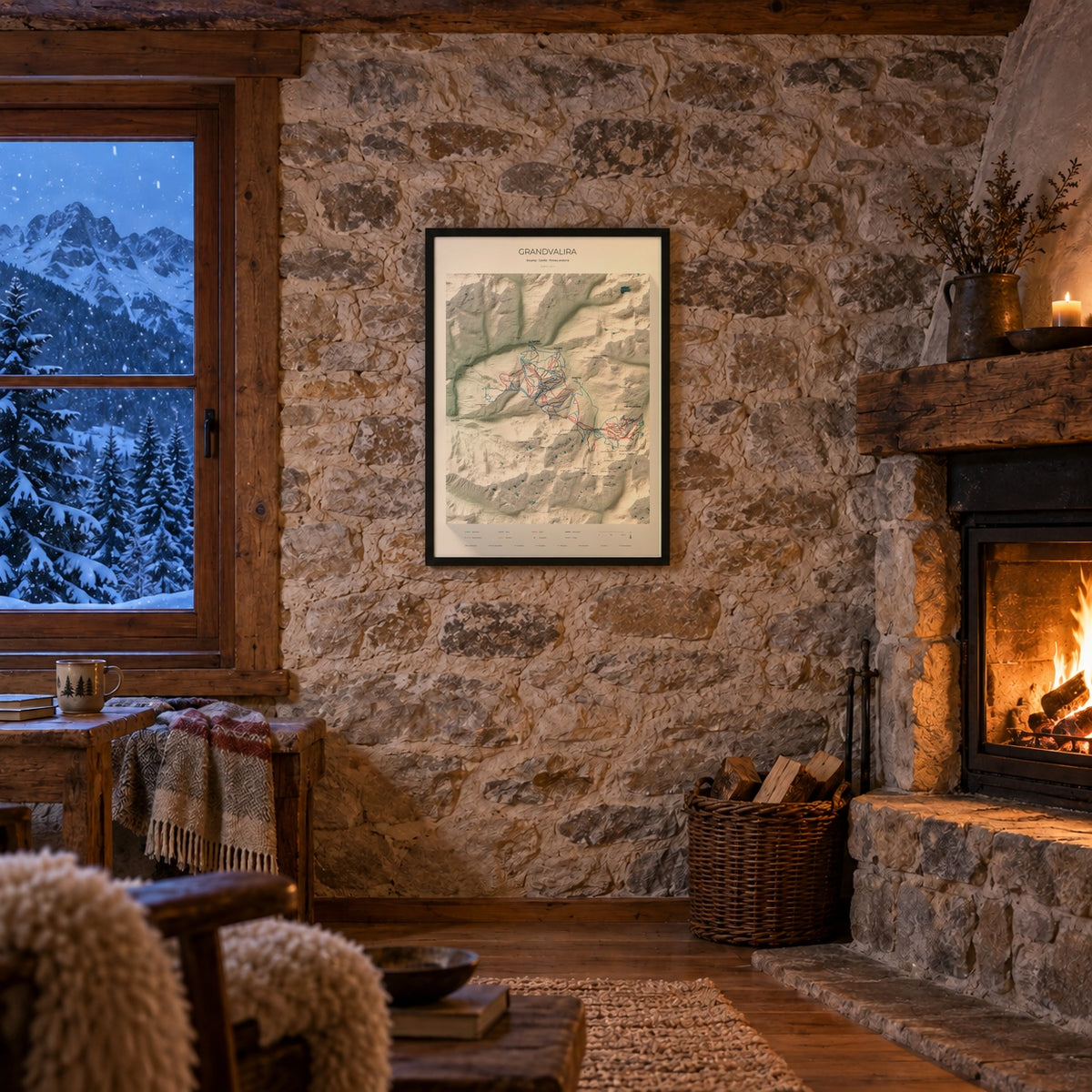 Mapa de pistas de Grandvalira · Cartográfico · 70 × 100 cm. Lámina enmarcada en la pared de piedra de un refugio con chimenea.