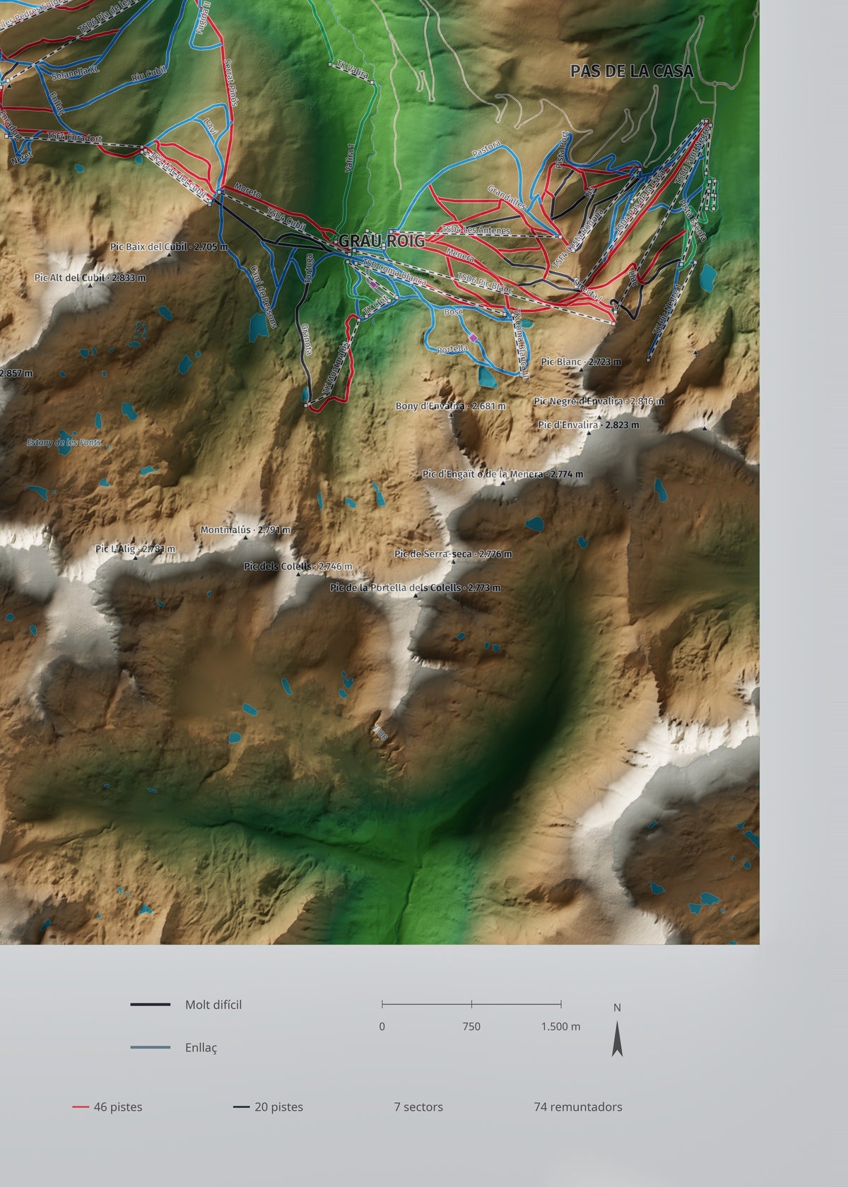 Mapa de pistas de Grandvalira · Clásico · 50 × 70 cm. Detalle del cuadrante inferior derecho.