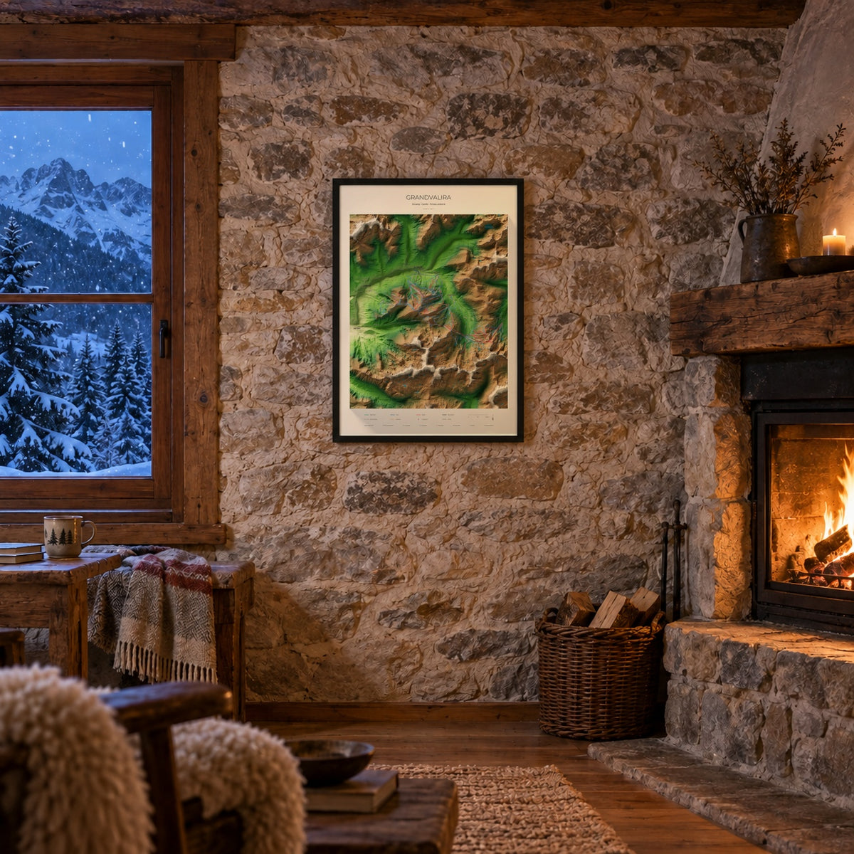 Mapa de pistas de Grandvalira · Clásico · 50 × 70 cm. Lámina enmarcada en la pared de piedra de un refugio con chimenea.