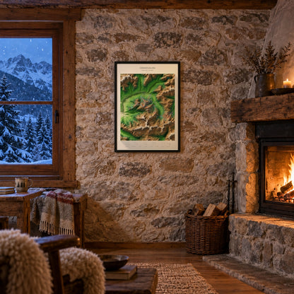 Mapa de pistas de Grandvalira · Clásico · 50 × 70 cm. Lámina enmarcada en la pared de piedra de un refugio con chimenea.