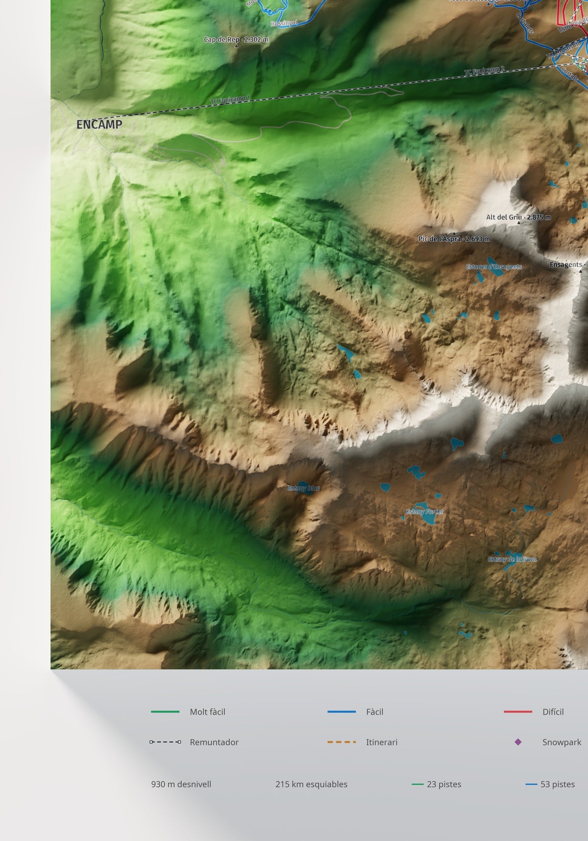 Mapa de pistas de Grandvalira · Clásico · 70 × 100 cm. Detalle del cuadrante inferior izquierdo.