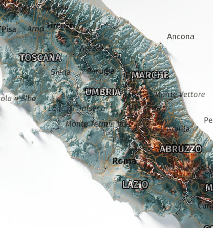 Mapa minimalista del relleu d’Itàlia per regions en estil Blau i taronja. Detall de Roma i els Apenins a la Itàlia central. 21 × 30 cm.