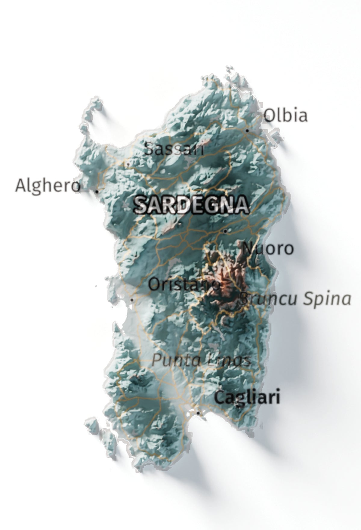 Mapa minimalista del relleu d’Itàlia per regions en estil Blau i taronja. Detall de Sardenya. 21 × 30 cm.