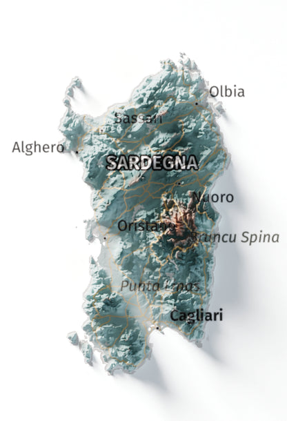Mapa minimalista del relleu d’Itàlia per regions en estil Blau i taronja. Detall de Sardenya. 21 × 30 cm.
