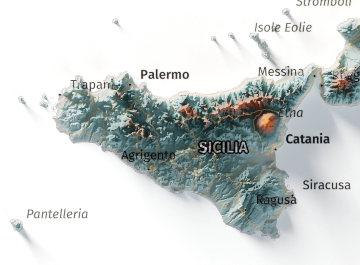 Mapa minimalista del relleu d’Itàlia per regions en estil Blau i taronja. Detall de Sicília. 21 × 30 cm.