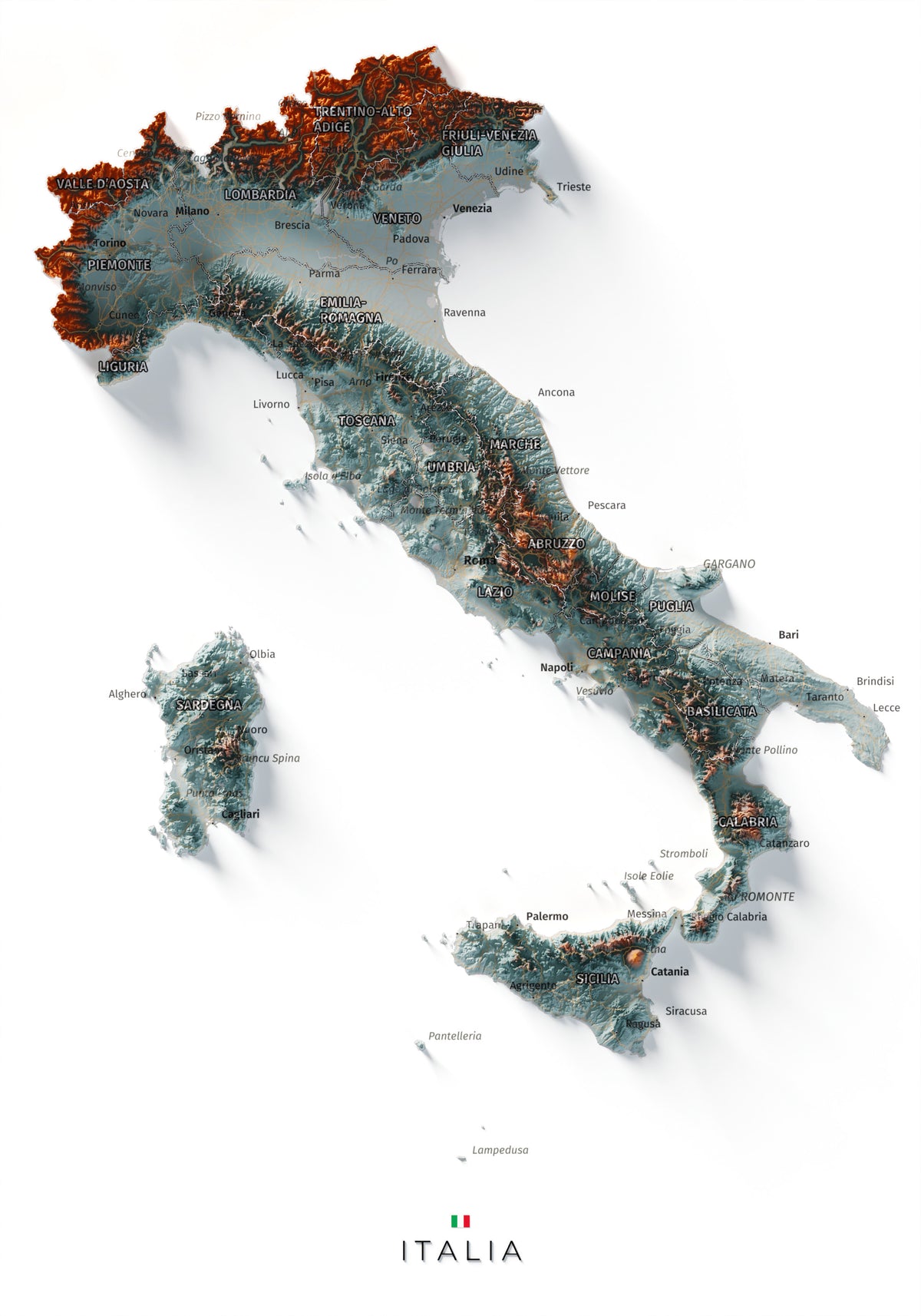 Mapa minimalista del relleu d’Itàlia per regions en estil Blau i taronja. Vista completa de la làmina. 21 × 30 cm.