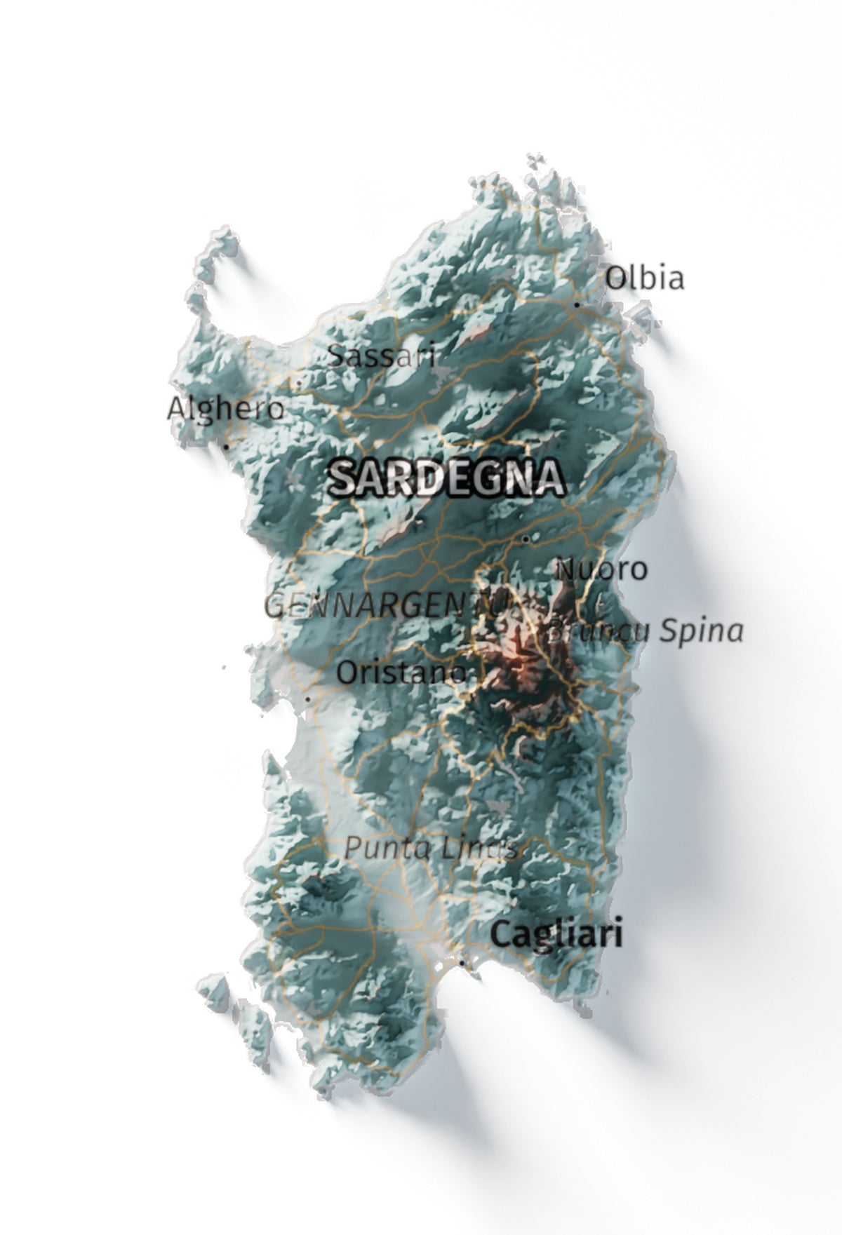 Mapa minimalista del relleu d’Itàlia per regions en estil Blau i taronja. Detall de Sardenya. 30 × 40 cm.