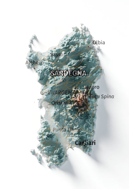 Mapa minimalista del relleu d’Itàlia per regions en estil Blau i taronja. Detall de Sardenya. 30 × 40 cm.