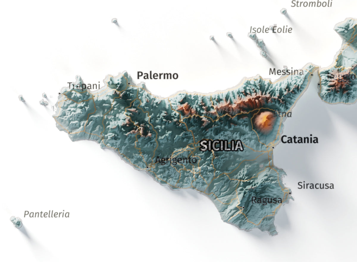 Mapa minimalista del relleu d’Itàlia per regions en estil Blau i taronja. Detall de Sicília. 30 × 40 cm.