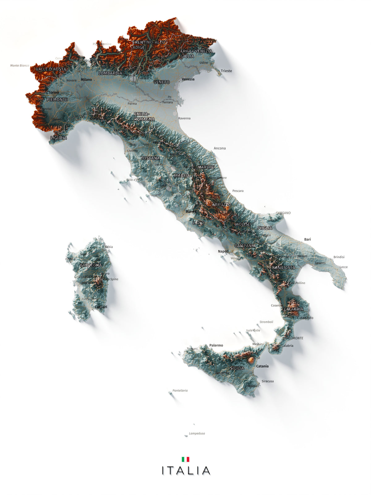 Mapa minimalista del relleu d’Itàlia per regions en estil Blau i taronja. Vista completa de la làmina. 30 × 40 cm.