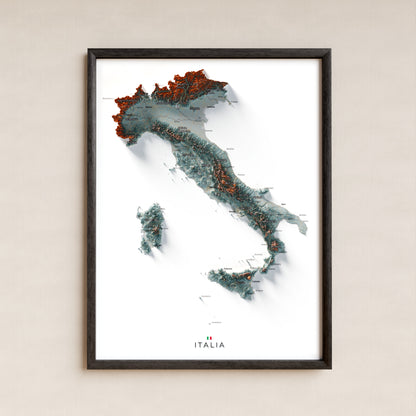 Mapa minimalista del relleu d’Itàlia per regions en estil Blau i taronja. La làmina completa en un marc negre a la paret. 30 × 40 cm.