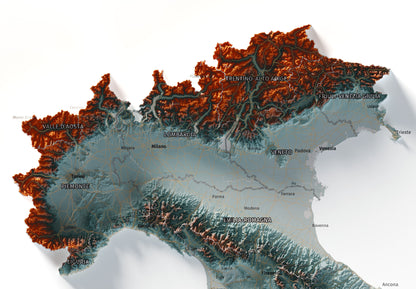 Mapa minimalista del relleu d’Itàlia per regions en estil Blau i taronja. Detall dels Alps i la plana del Po al nord d’Itàlia. 50 × 70 cm.