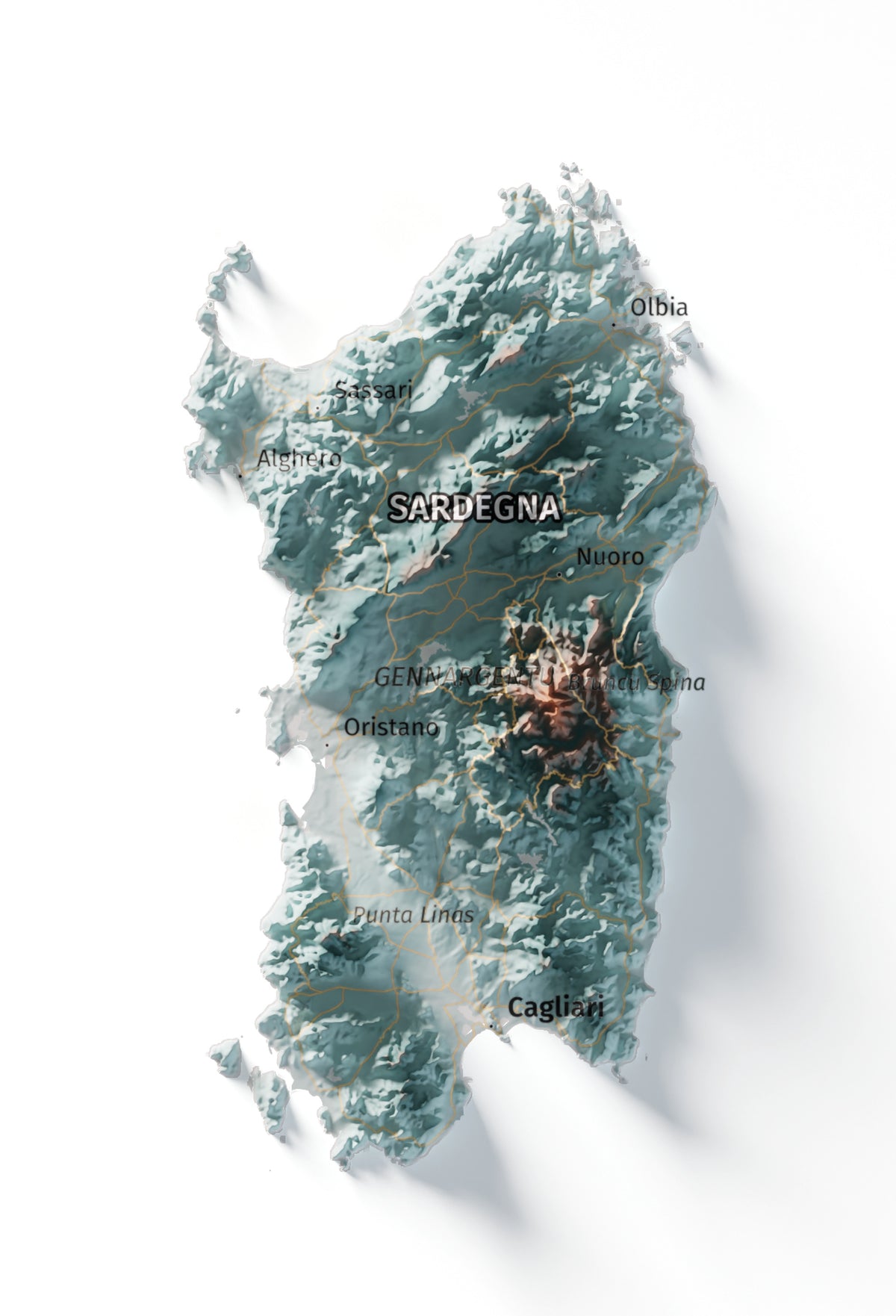 Mapa minimalista del relleu d’Itàlia per regions en estil Blau i taronja. Detall de Sardenya. 50 × 70 cm.