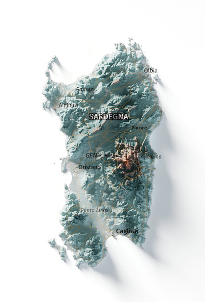 Mapa minimalista del relleu d’Itàlia per regions en estil Blau i taronja. Detall de Sardenya. 50 × 70 cm.