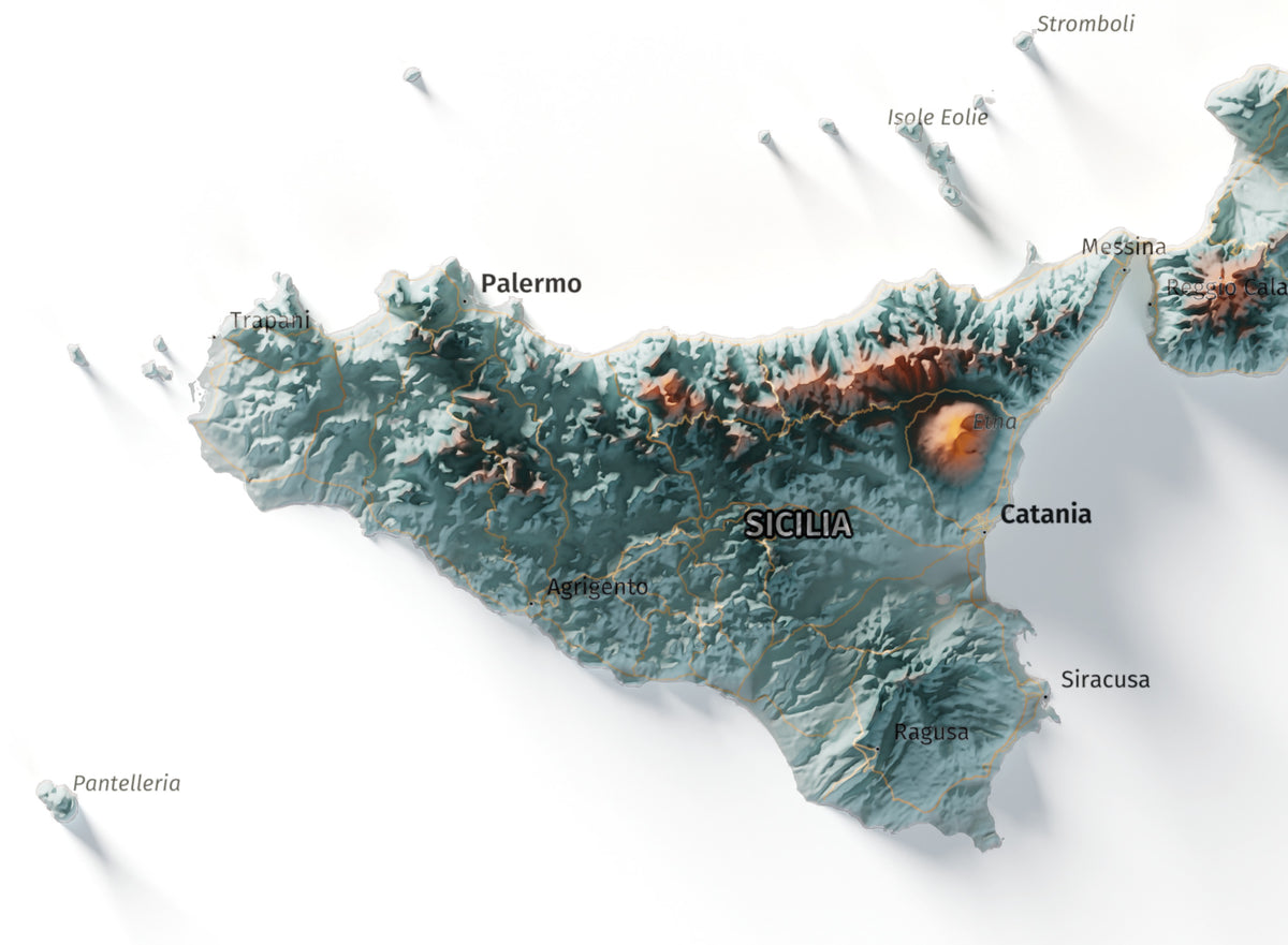Mapa minimalista del relleu d’Itàlia per regions en estil Blau i taronja. Detall de Sicília. 50 × 70 cm.