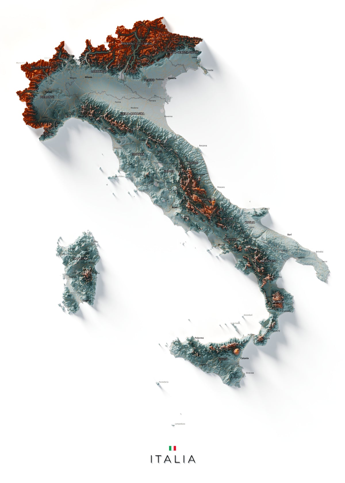 Mapa minimalista del relleu d’Itàlia per regions en estil Blau i taronja. Vista completa de la làmina. 50 × 70 cm.