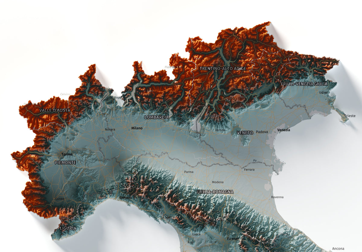 Mapa minimalista del relleu d’Itàlia per regions en estil Blau i taronja. Detall dels Alps i la plana del Po al nord d’Itàlia. 61 × 91 cm.